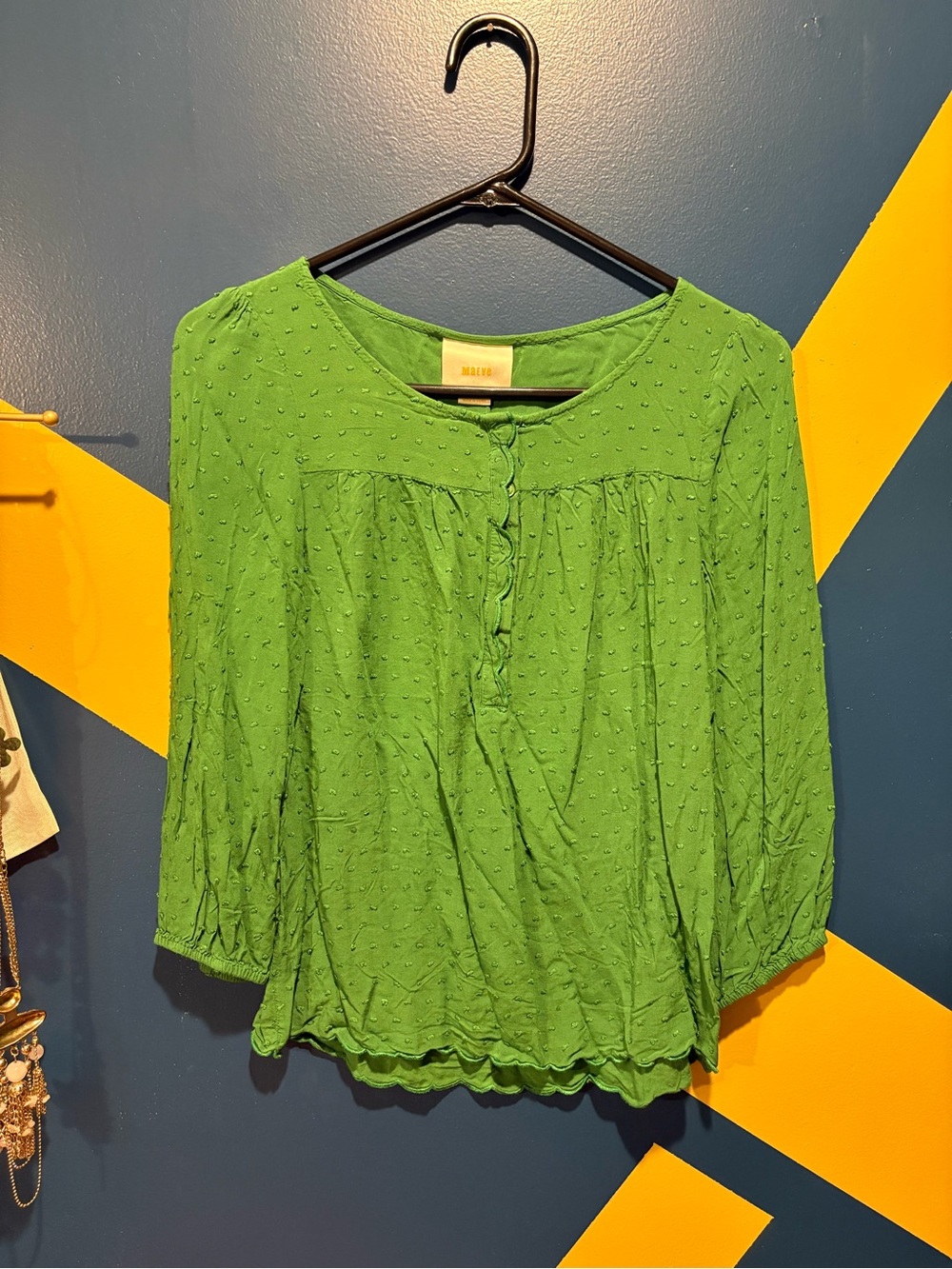 Anthropologie Maeve Kelly Green 3/4 Sleeve Swiss Dot Embroidered Hem Top EUC
